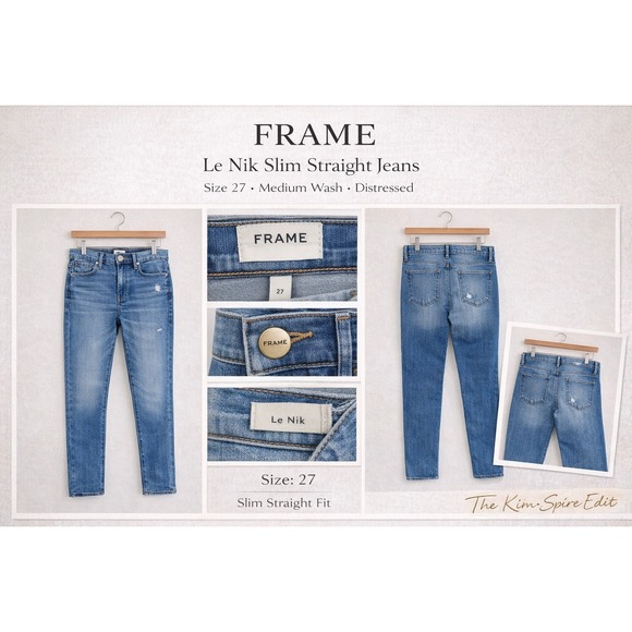 FRAME Denim - FRAME Le Nik Slim Straight Jeans Blue Distressed Denim Size 27 Medium Wash
